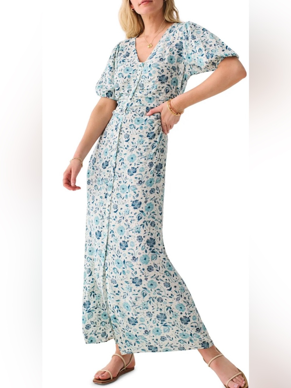 Faherty Sorrento Dreamer Floral Button Front Maxi Dress Size Medium Boho Coastal